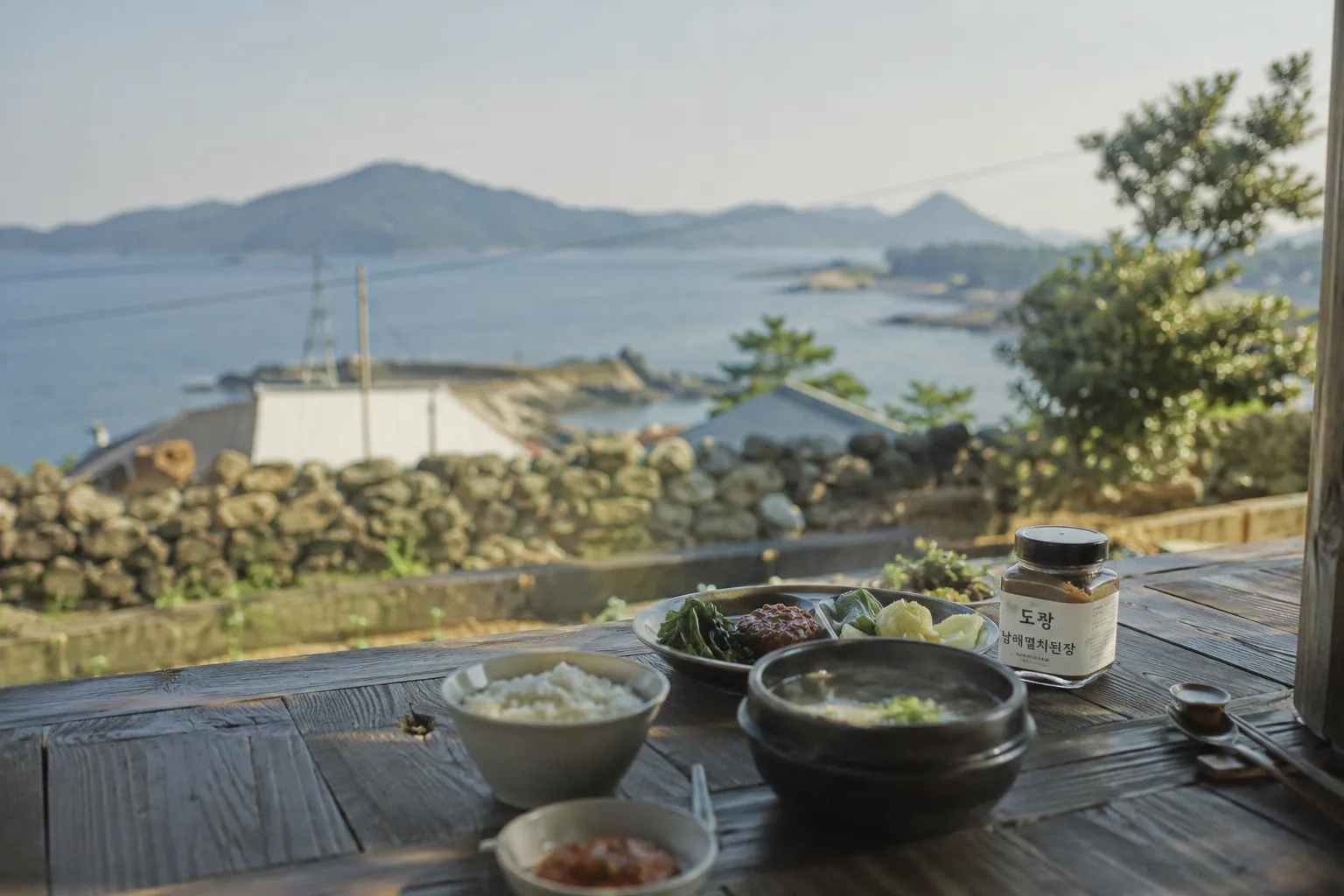 바다가 내려다보이는 마루에 도광 제품과 함께 차려진 밥상