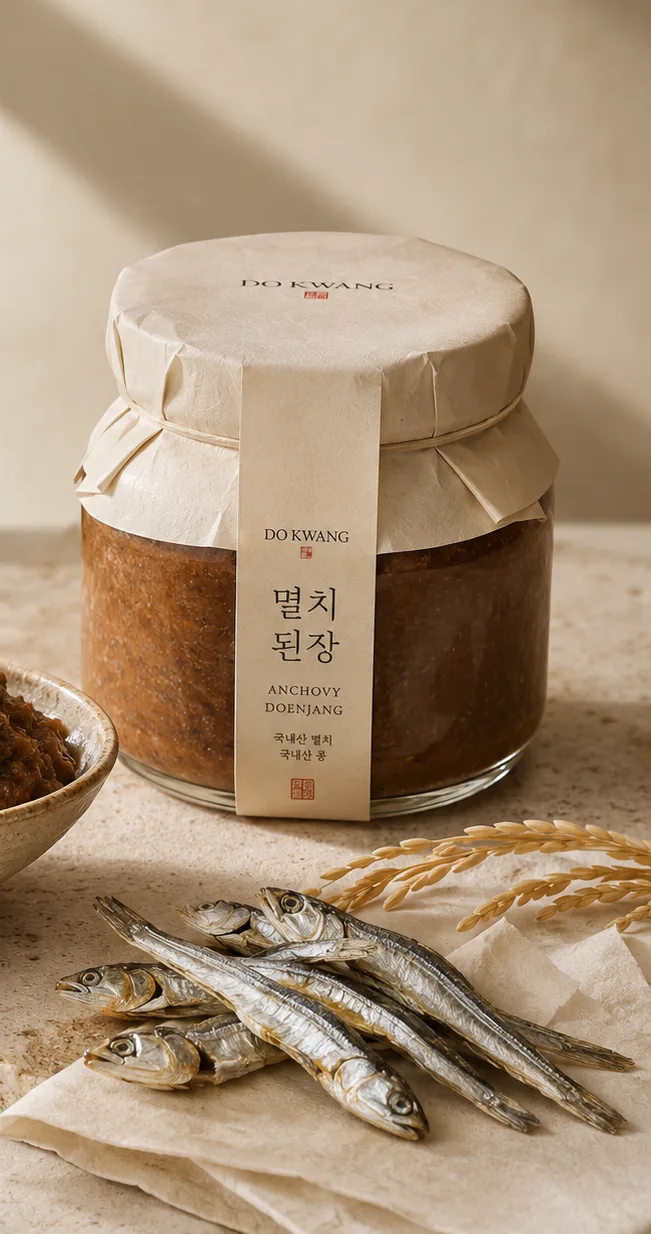 도광 남해 멸치된장 병과 된장 한 그릇, 곁에 놓인 마른 멸치